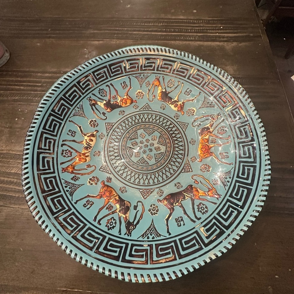 Vintage Turquoise Blue Glass Serving Bowl with Animal Motif by AKCAM Fabrique